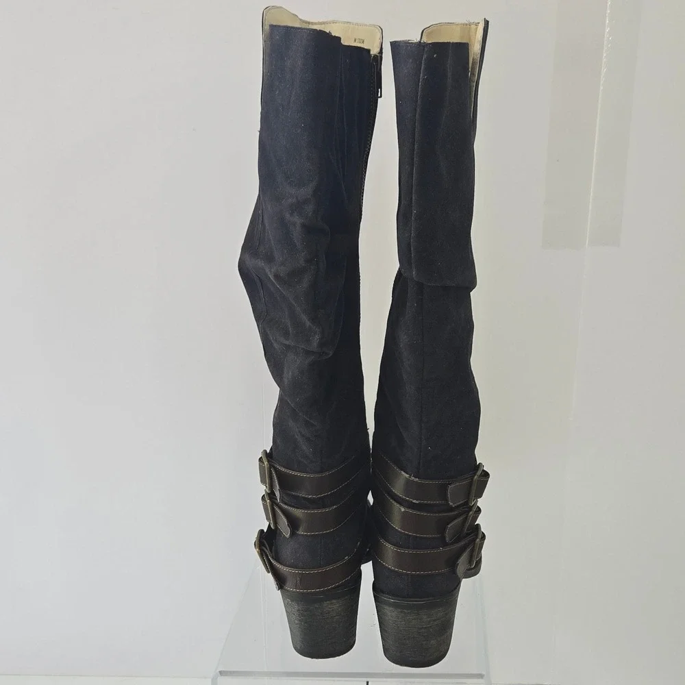 Cato Womens Size 9 Black Faux Suede Knee High Boots Brown Buckle Straps 37830346